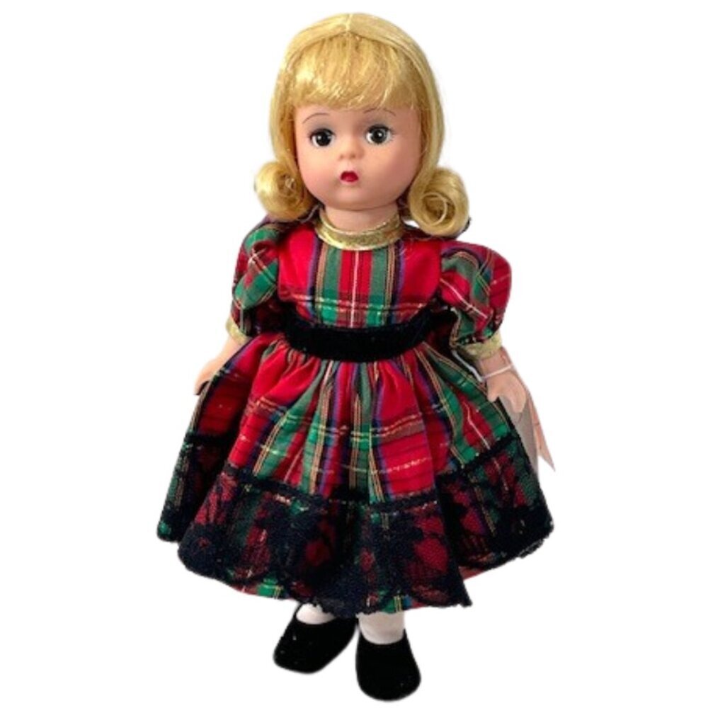 Rare Madame Alexander restrung 8" Holiday Taffeta with stand.